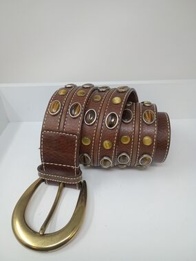 Michaels Kors Brown Leather Belt, Brass Buckle with Stud Accents